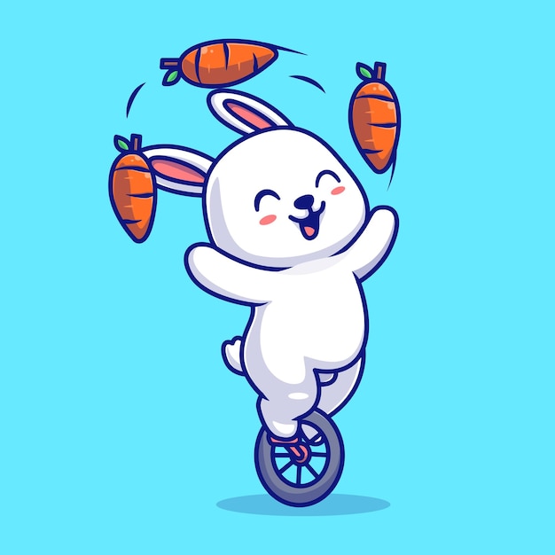 Lindo conejo circo jugando zanahoria con monociclo dibujos animados vector icono ilustración. icono de naturaleza animal