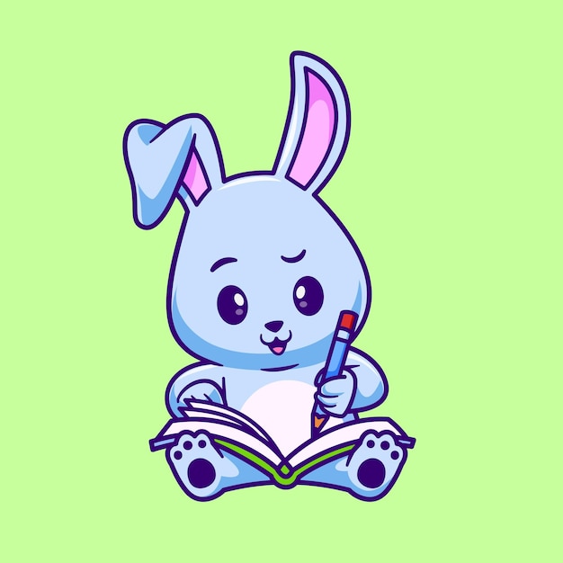 Lindo conejo escribiendo en un libro con lápiz dibujos animados icono vectorial ilustración educación animal aislado