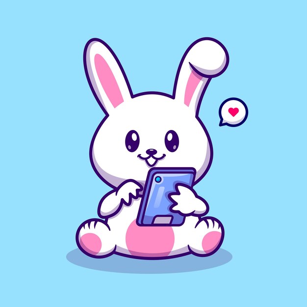 Lindo Conejo Jugando Teléfono Dibujos Animados Vector Icono Ilustración Animal Tecnología Icono Concepto Aislado