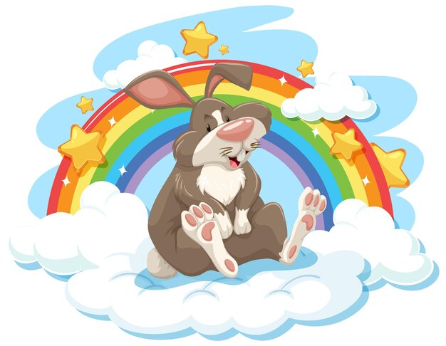 Lindo conejo en la nube con arcoiris