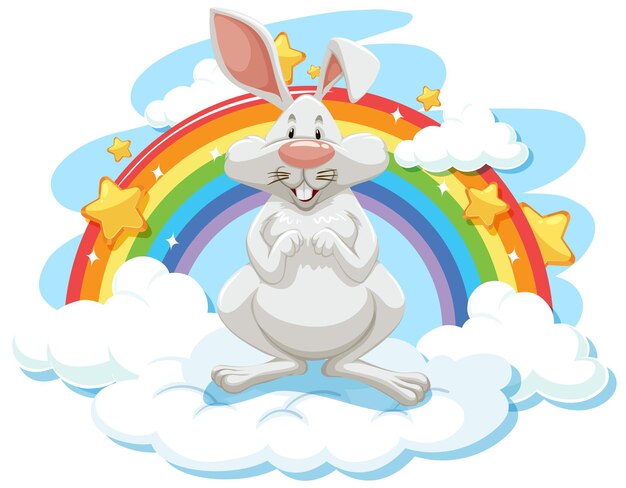 Lindo conejo en la nube con arcoiris