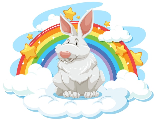 Lindo conejo en la nube con arcoiris