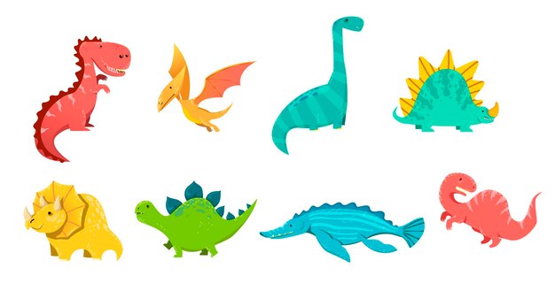 Lindo conjunto de dinosaurios prehistóricos. Ilustraciones vectoriales de bebé dino y dragones divertidos. Colección de dibujos animados con estegosaurio triceratops pterodáctilo aislado en blanco. Animales antiguos, concepto de vida silvestre