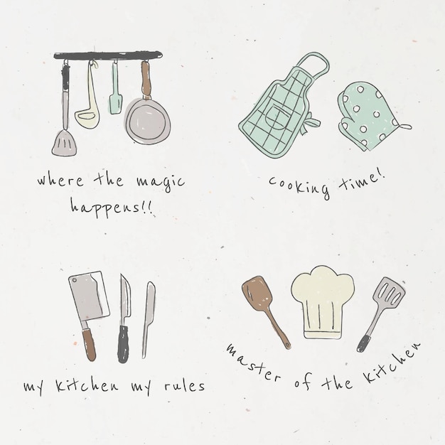 Vector gratuito lindo conjunto de doodle de utensilios de cocina