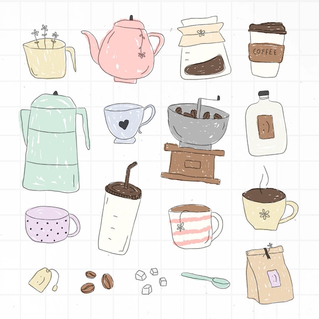 Vector gratuito lindo conjunto de elementos de doodle de café