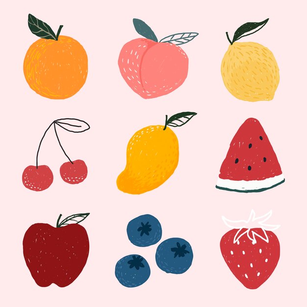 Lindo conjunto de frutas dibujadas a mano