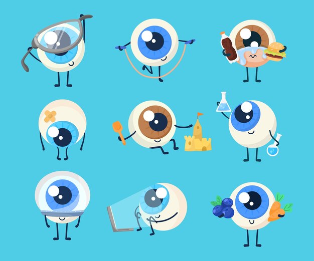 Lindo conjunto de ilustración de dibujos animados de personaje de globo ocular. Ojo triste y enfermo u órgano humano sosteniendo zanahoria, arándano y comida rápida, mirando la pantalla del portátil, usando anteojos, haciendo ejercicio. concepto de vista