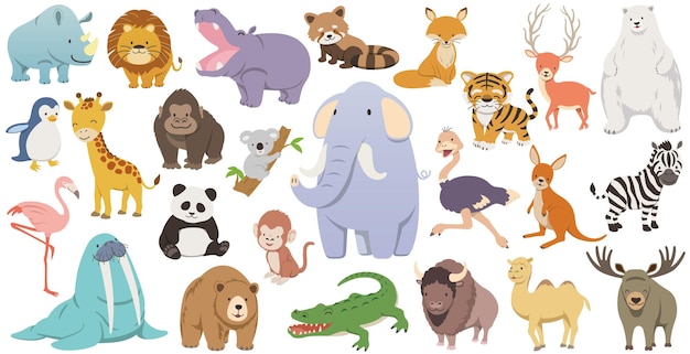 El lindo conjunto de ilustraciones vectoriales de animales salvajes de dibujos animados aislados sobre un fondo blanco