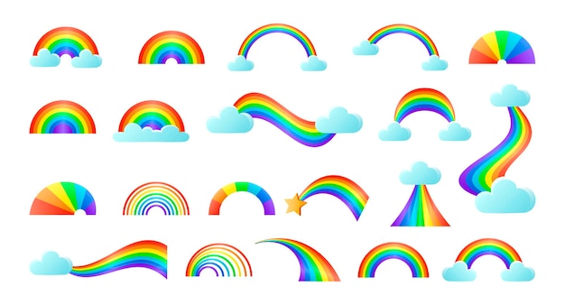 Lindo conjunto de pegatinas de arco iris. ilustraciones vectoriales de arcos coloridos infantiles. dibujos animados de diferentes formas de arco iris curvo con corazones y nubes en el cielo aislado en blanco. clima, concepto de cuento de hadas