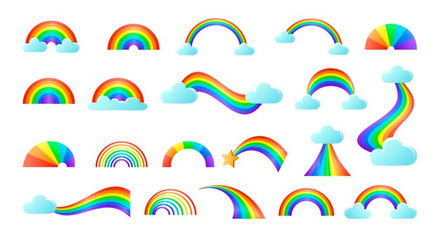 Lindo conjunto de pegatinas de arco iris. Ilustraciones vectoriales de arcos coloridos infantiles. Dibujos animados de diferentes formas de arco iris curvo con corazones y nubes en el cielo aislado en blanco. Clima, concepto de cuento de hadas