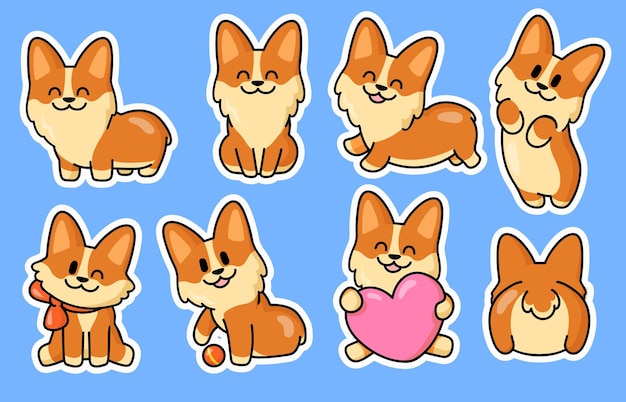 Lindo conjunto de pegatinas de cachorro corgi. colección de ilustraciones planas