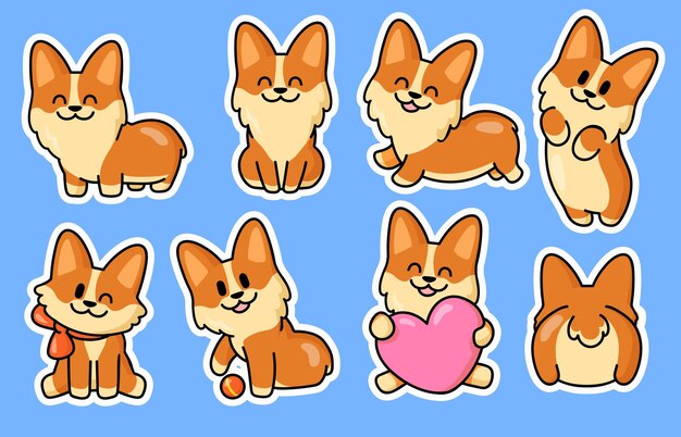 Lindo conjunto de pegatinas de cachorro Corgi. Colección de ilustraciones planas