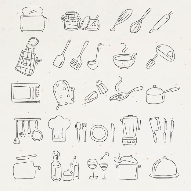 Lindo conjunto de pegatinas de doodle de utensilios de cocina