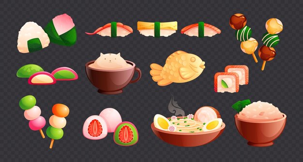 Lindo conjunto plano de comida asiática con onigiri dango taiyaki ramen café aislado en la ilustración de vector de fondo transparente