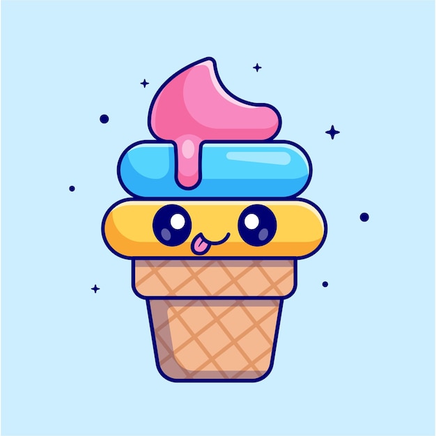 Vector gratuito lindo cono de helado burlas dibujos animados vector icono ilustración comida objeto icono concepto aislado plano