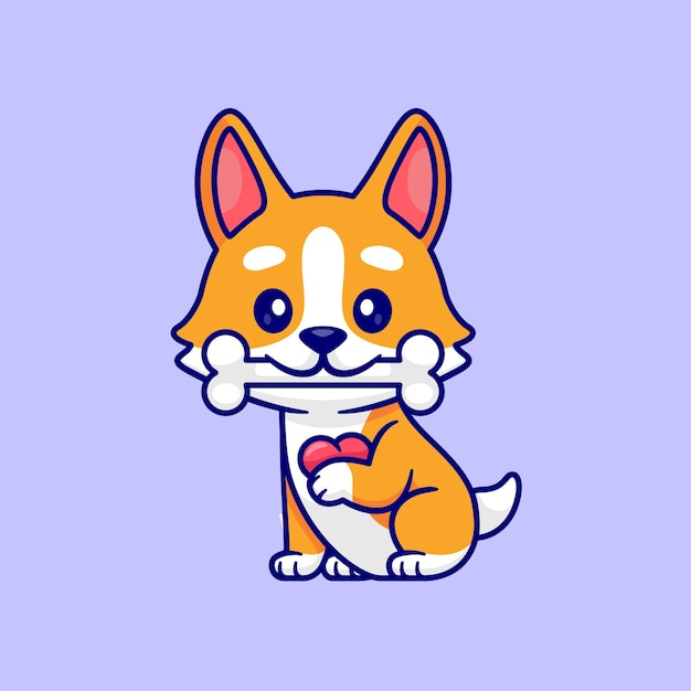 Vector gratuito lindo corgi perro mordedura hueso y sosteniendo amor corazón dibujos animados vector icono ilustración animal naturaleza plana