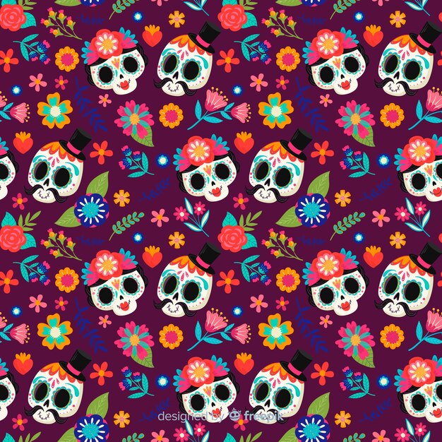 Lindo cráneo parejas dibujadas a mano patrón de día de muertos