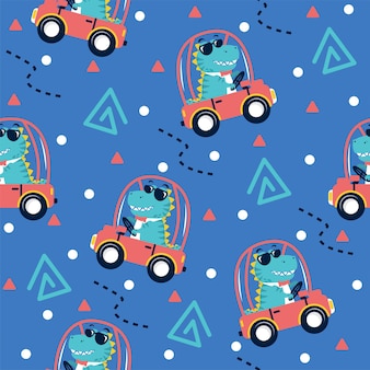 Lindo dinosaurio en diseño de patrón de ilustración de coche