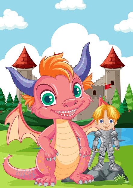 Lindo dragón con caballero parado frente al castillo
