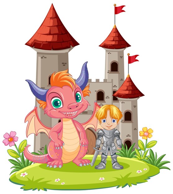 Lindo dragón con caballero parado frente al castillo