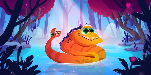 Lindo dragón divertido monstruo naranja en pantano
