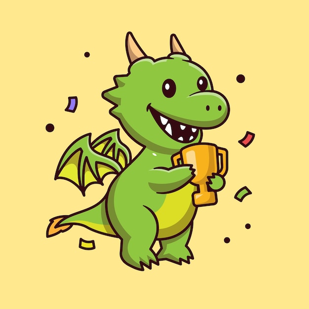 Lindo Dragón Sosteniendo Trofeo De Oro Dibujos Animados Vector Icono Ilustración Animal Educación Icono Aislado
