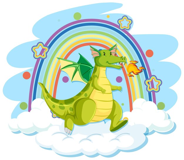 Lindo dragón verde en la nube con arco iris