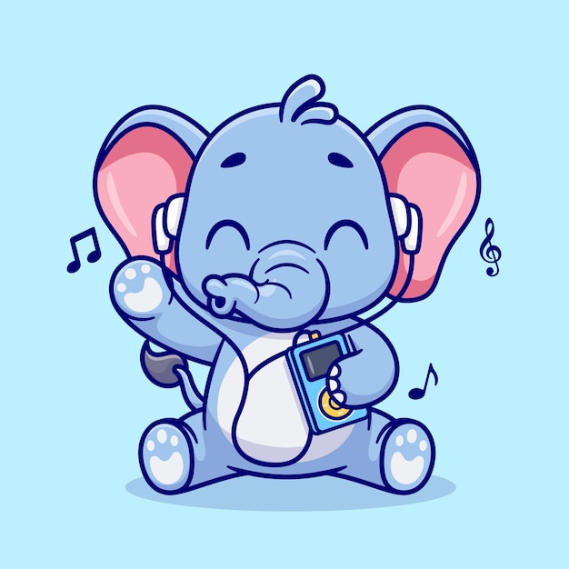 Lindo Elefante Escuchando Música Con Auriculares Dibujos Animados Vector Icono Ilustración Animal Música Aislada