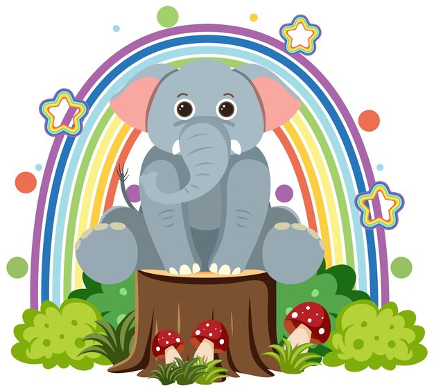 Lindo elefante en tocón en estilo de dibujos animados plana