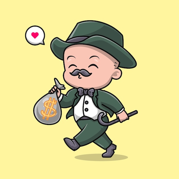 Vector gratuito lindo empresario sosteniendo bolsa dinero dibujos animados vector icono ilustración. icono de finanzas de personas aislado