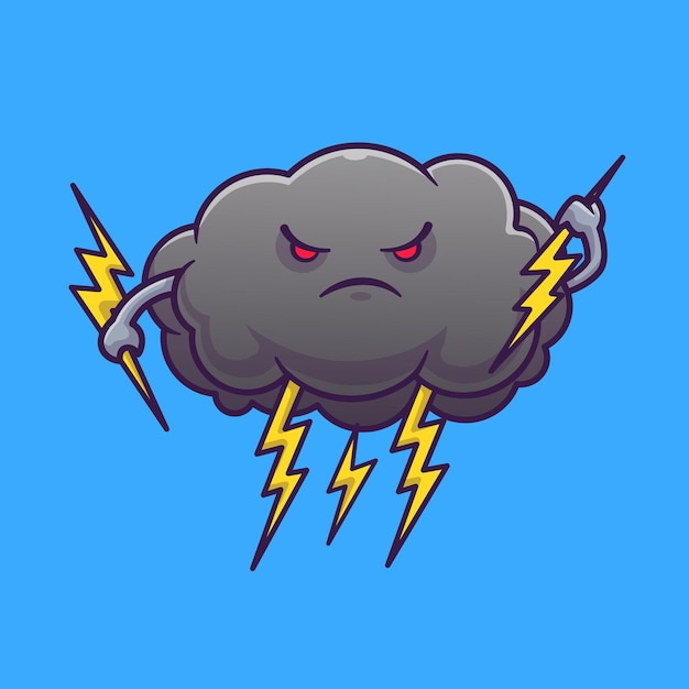 Vector gratuito lindo enojado nube tormenta con trueno dibujos animados vector icono ilustración objeto naturaleza icono aislado