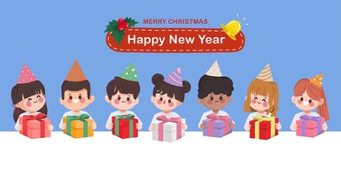 Vector gratis lindo estudiante de dibujos animados celebrando regalos en feliz navidad y feliz año nuevo.
