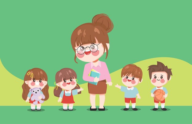 Lindo estudiante de dibujos animados y maestro alegre de vuelta a la escuela personaje