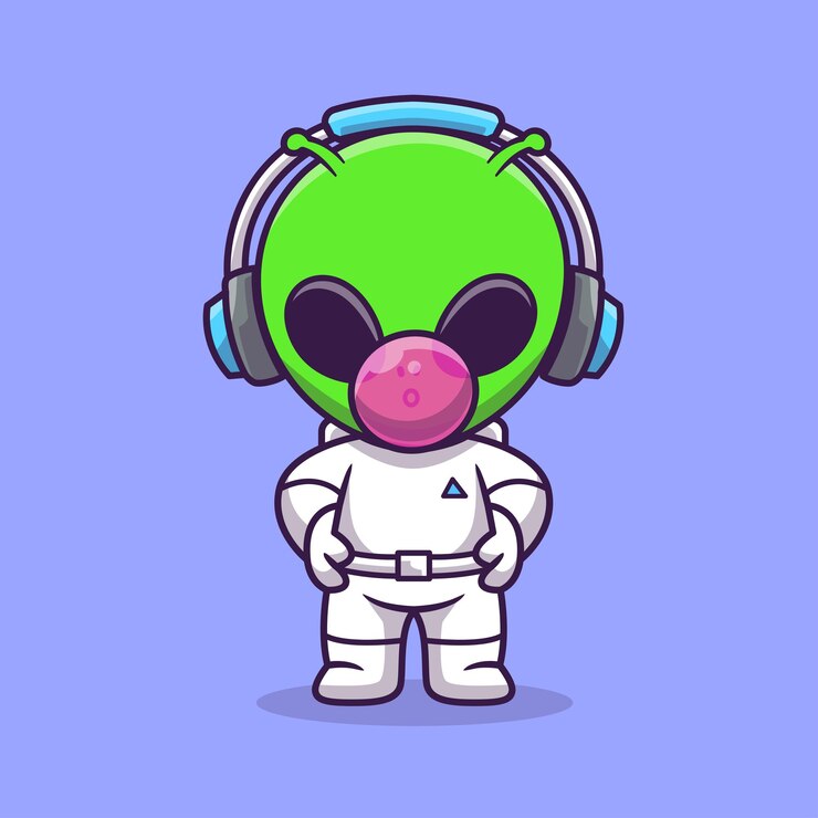 Vector gratuito lindo extraterrestre soplando chicle con auriculares icono vectorial de dibujos animados ilustración de ciencia comida aislada plana