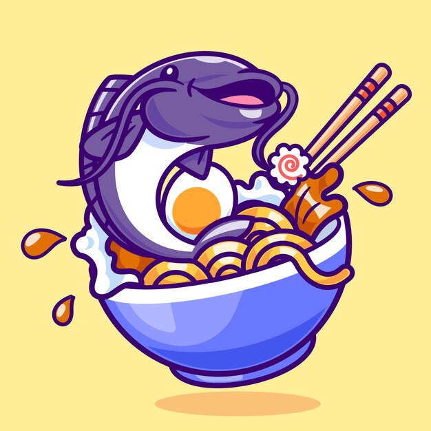 Lindo fideos Ramen con bagre icono vectorial de dibujos animados Ilustración icono de comida para animales aislado plano