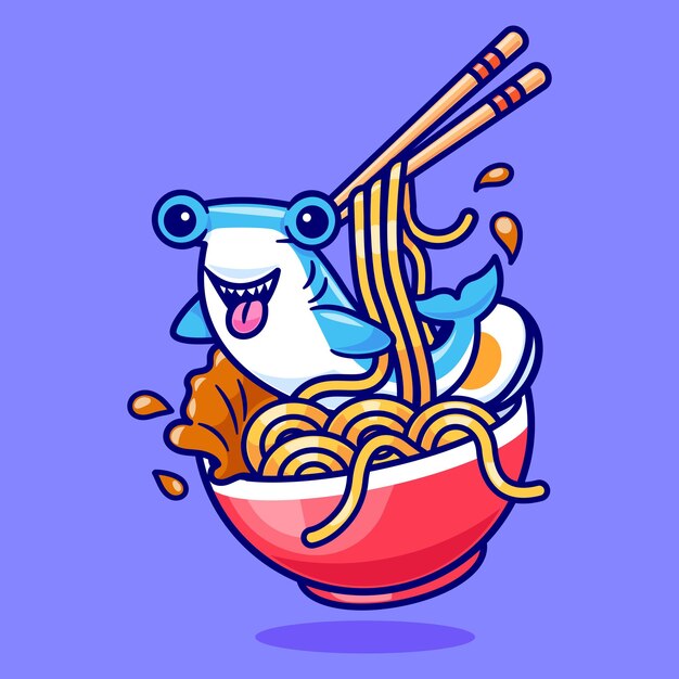 Lindo fideos de ramen con cabeza de colibrí tiburón dibujos animados icono vectorial ilustración comida animal aislada