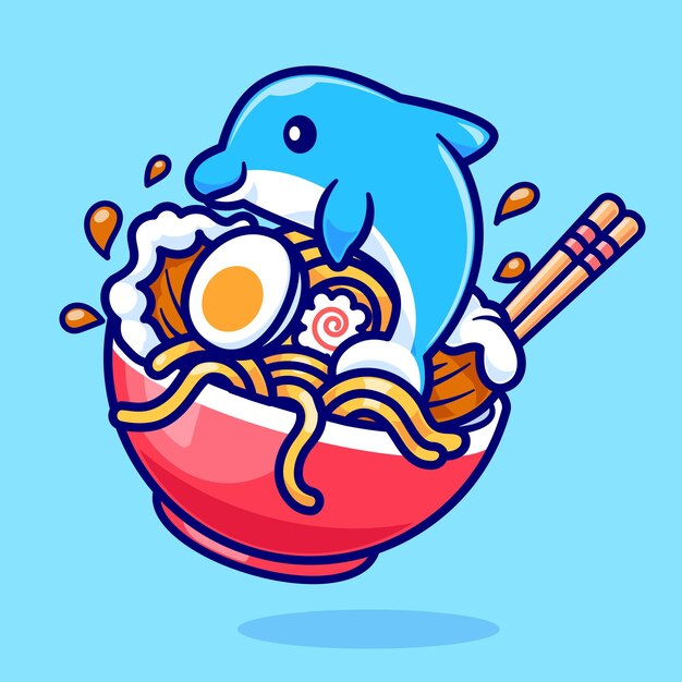 Lindo fideos Ramen con pescado de delfín icono de dibujos animados vectorial Ilustración de alimentos para animales aislados planos