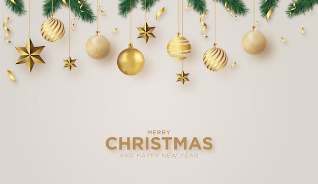 Vector gratuito lindo fondo de feliz navidad y feliz año nuevo con bolas de navidad doradas
