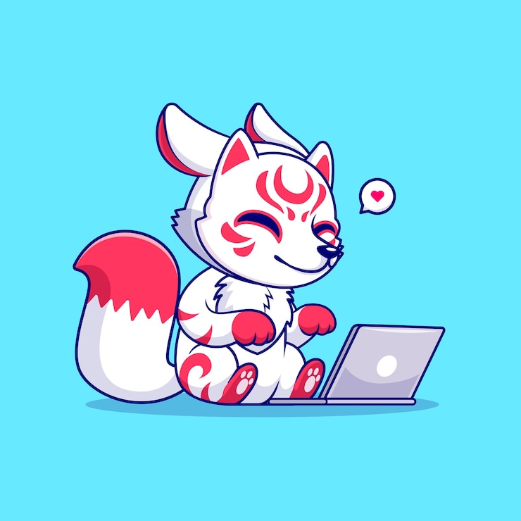 Vector gratuito lindo fox kitsune trabajando en computadora portátil dibujos animados vector icono ilustración tecnología animal aislado plano