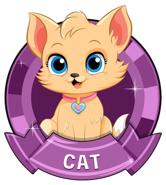 El lindo gatito de dibujos animados con la insignia púrpura
