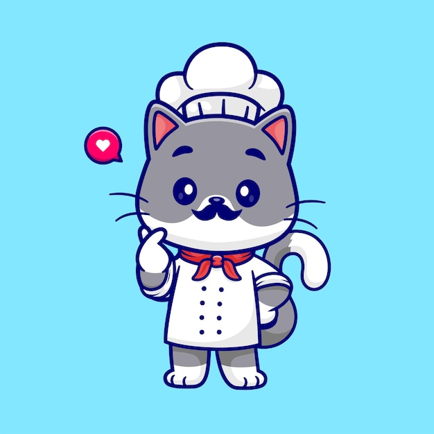 Lindo gato chef con signo de amor coreano mano dibujos animados vector icono ilustración profesión animal plano