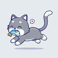 Vector gratuito lindo gato comiendo pescado dibujos animados vector icono ilustración comida animal icono concepto aislado plano vector