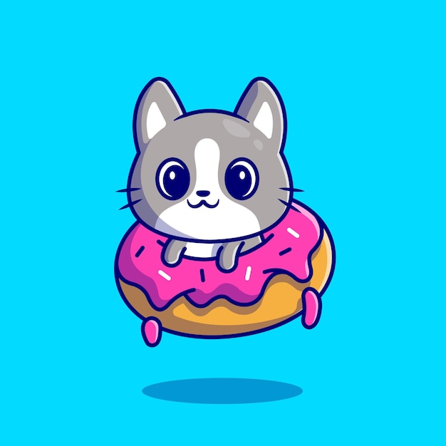 Lindo gato con donut. Estilo de dibujos animados plana