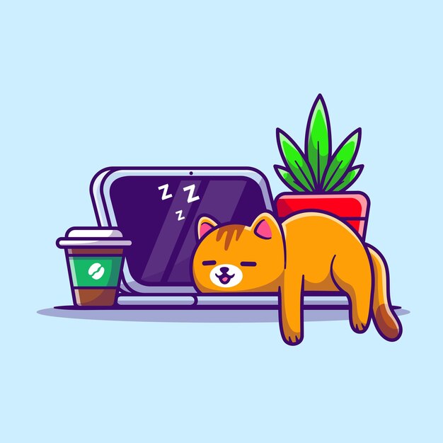 Lindo gato durmiendo en la computadora portátil con café Cartoon Vector Icon Illustration Animal Technology Icon