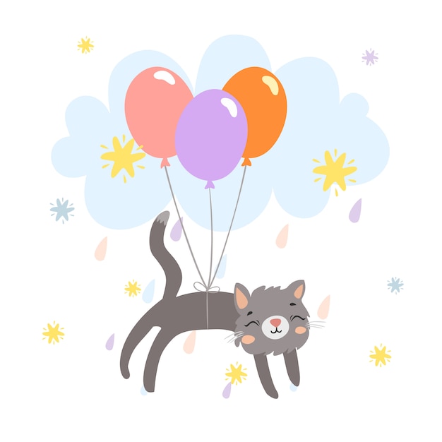 Lindo gato en globos en el cielo