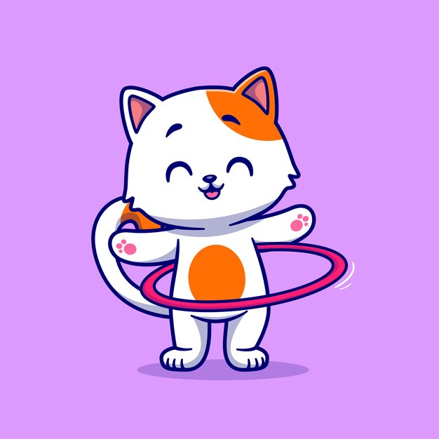 Lindo Gato Jugando Hula Hoop Dibujos Animados Vector Icono Ilustración. Concepto de icono de deporte animal aislado Premium Vector. Estilo de dibujos animados plana