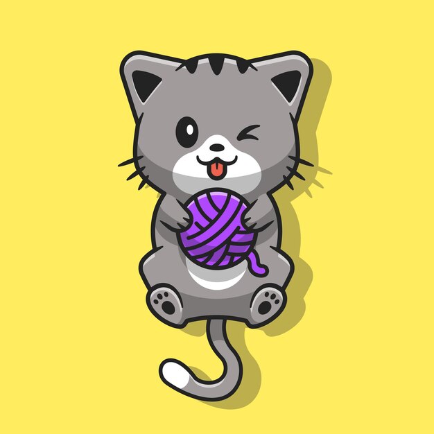 Lindo gato jugando ilustración de icono de vector de dibujos animados de bola de hilo. Concepto de icono de naturaleza animal aislado Vector Premium. Estilo de dibujos animados plana
