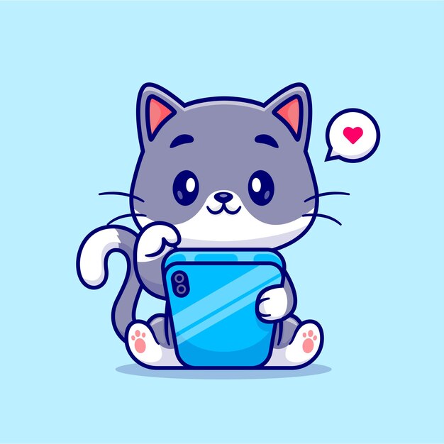 Lindo gato jugando mano teléfono dibujos animados Vector icono ilustración. Concepto de icono de tecnología animal aislado Premium Vector. Estilo de dibujos animados plana