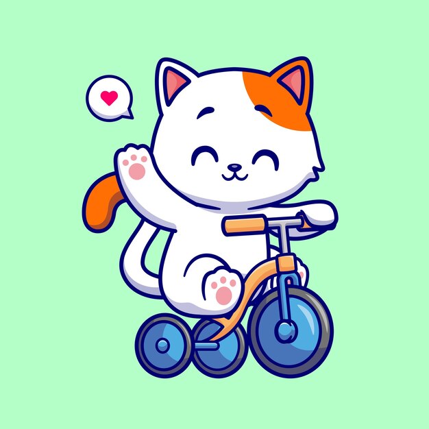 Lindo gato montando bicicleta y agitando la mano de dibujos animados Vector icono ilustración. Icono de transporte de animales