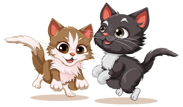 Lindo gato negro y gato marrón en estilo de dibujos animados